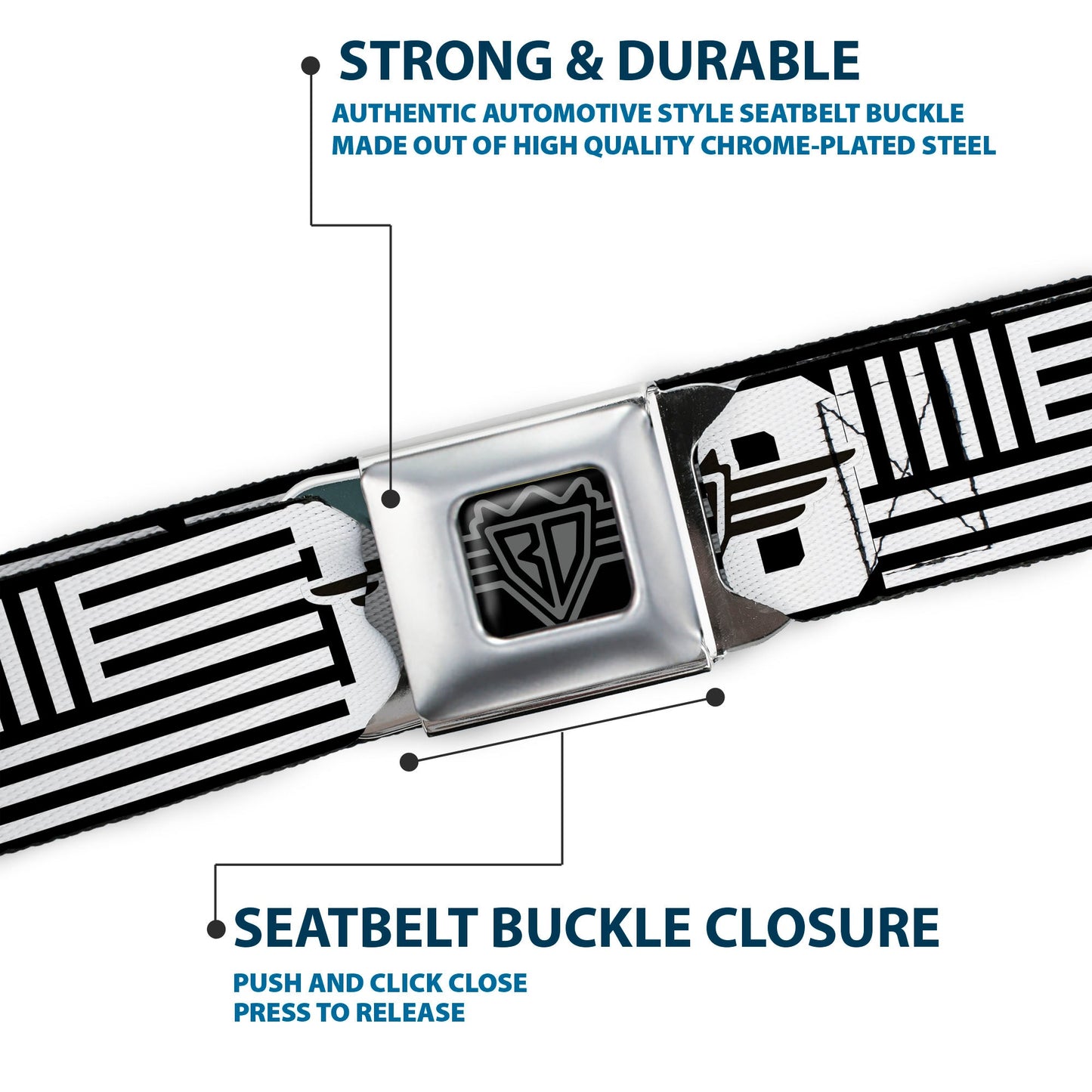 BD Wings Logo CLOSE-UP Full Color Black Silver Seatbelt Belt - BD Logo/American Stripe Flag White/Black Webbing