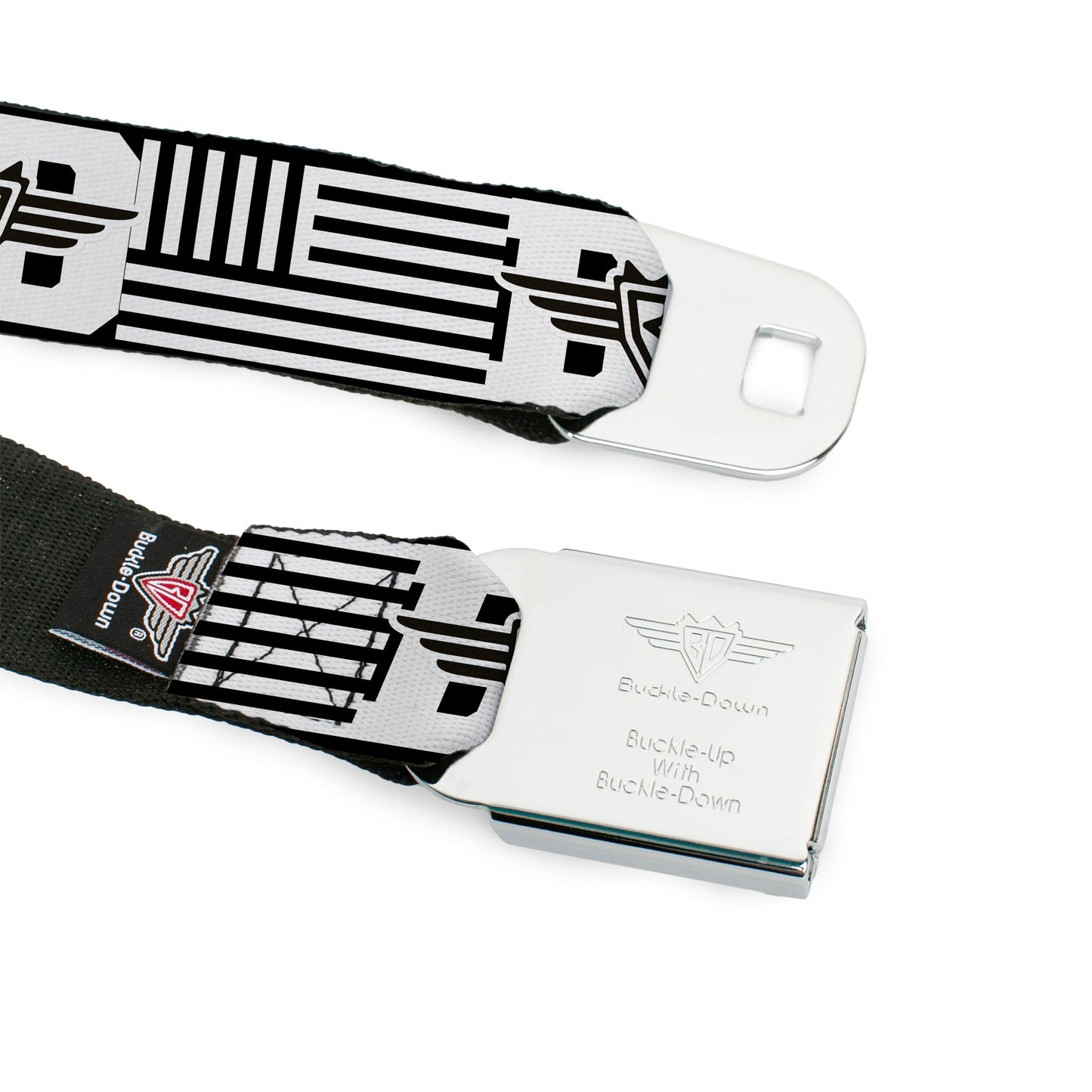 BD Wings Logo CLOSE-UP Full Color Black Silver Seatbelt Belt - BD Logo/American Stripe Flag White/Black Webbing