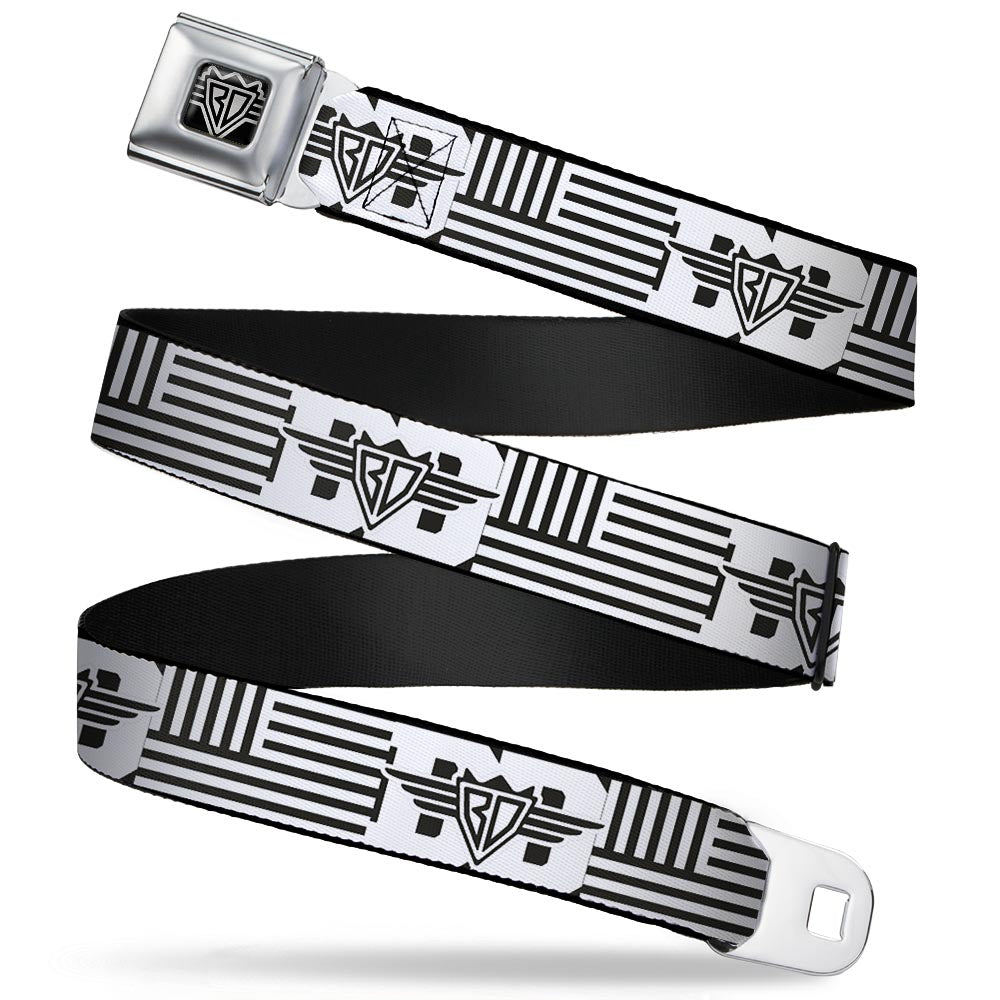BD Wings Logo CLOSE-UP Full Color Black Silver Seatbelt Belt - BD Logo/American Stripe Flag White/Black Webbing
