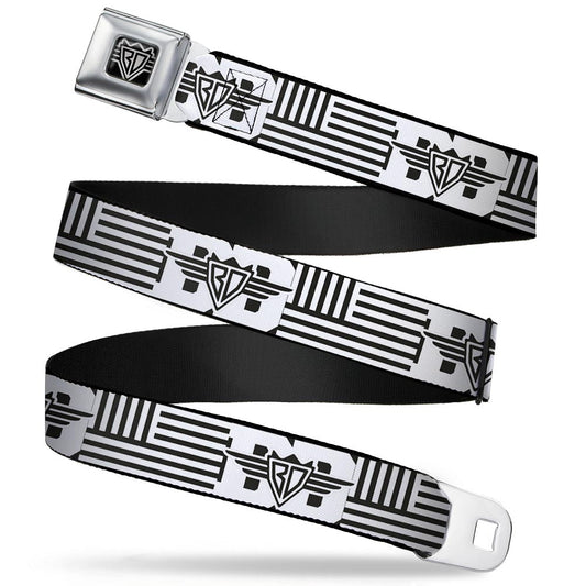 BD Wings Logo CLOSE-UP Full Color Black Silver Seatbelt Belt - BD Logo/American Stripe Flag White/Black Webbing