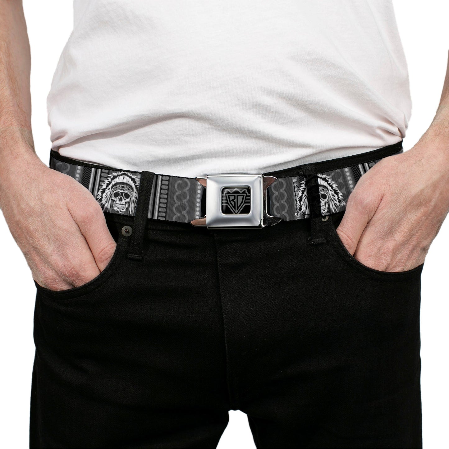 BD Wings Logo CLOSE-UP Black/Silver Seatbelt Belt - Native American Skull w/CLOSE-UP Black/Grays/White Webbing