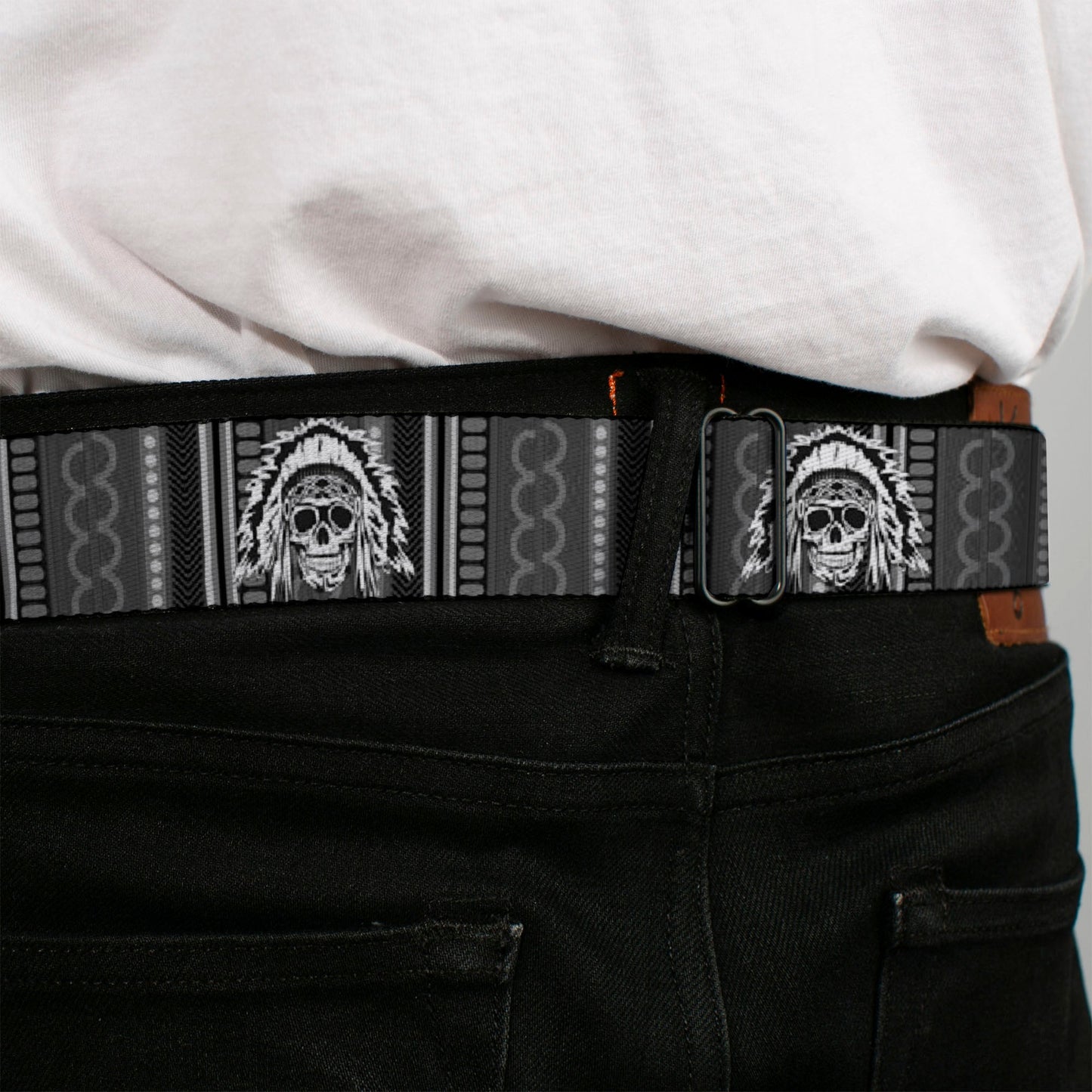 BD Wings Logo CLOSE-UP Black/Silver Seatbelt Belt - Native American Skull w/CLOSE-UP Black/Grays/White Webbing