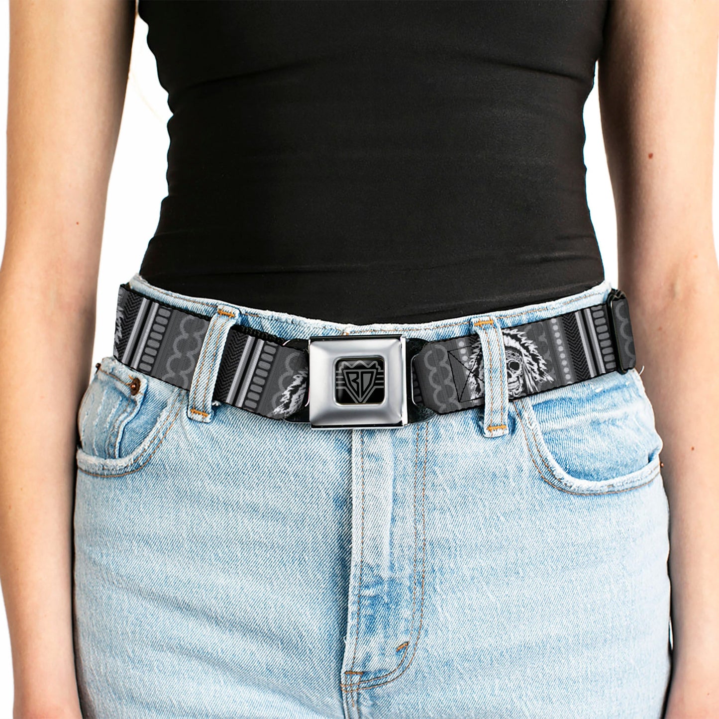 BD Wings Logo CLOSE-UP Black/Silver Seatbelt Belt - Native American Skull w/CLOSE-UP Black/Grays/White Webbing