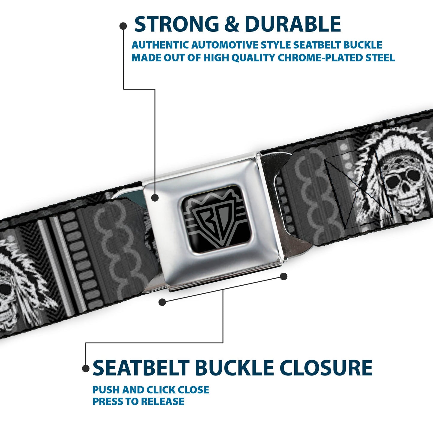 BD Wings Logo CLOSE-UP Black/Silver Seatbelt Belt - Native American Skull w/CLOSE-UP Black/Grays/White Webbing