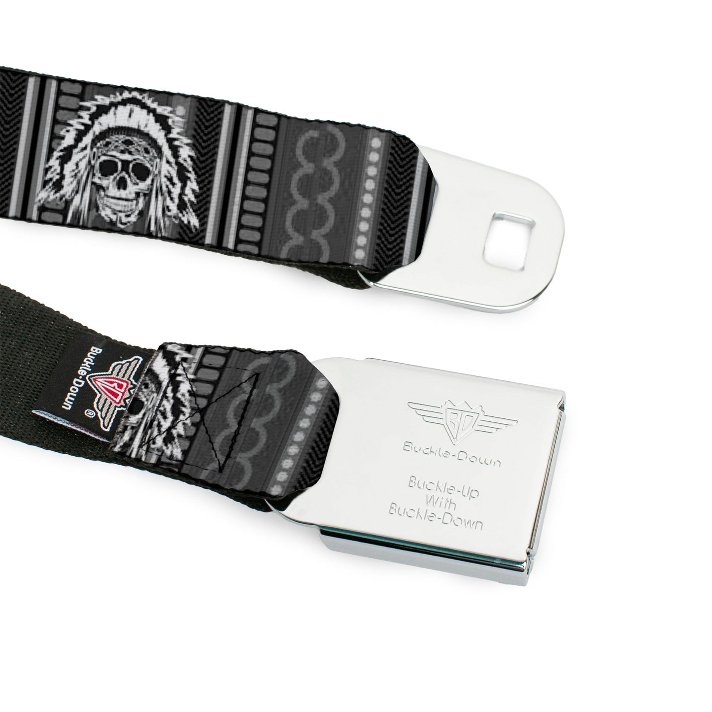 BD Wings Logo CLOSE-UP Black/Silver Seatbelt Belt - Native American Skull w/CLOSE-UP Black/Grays/White Webbing