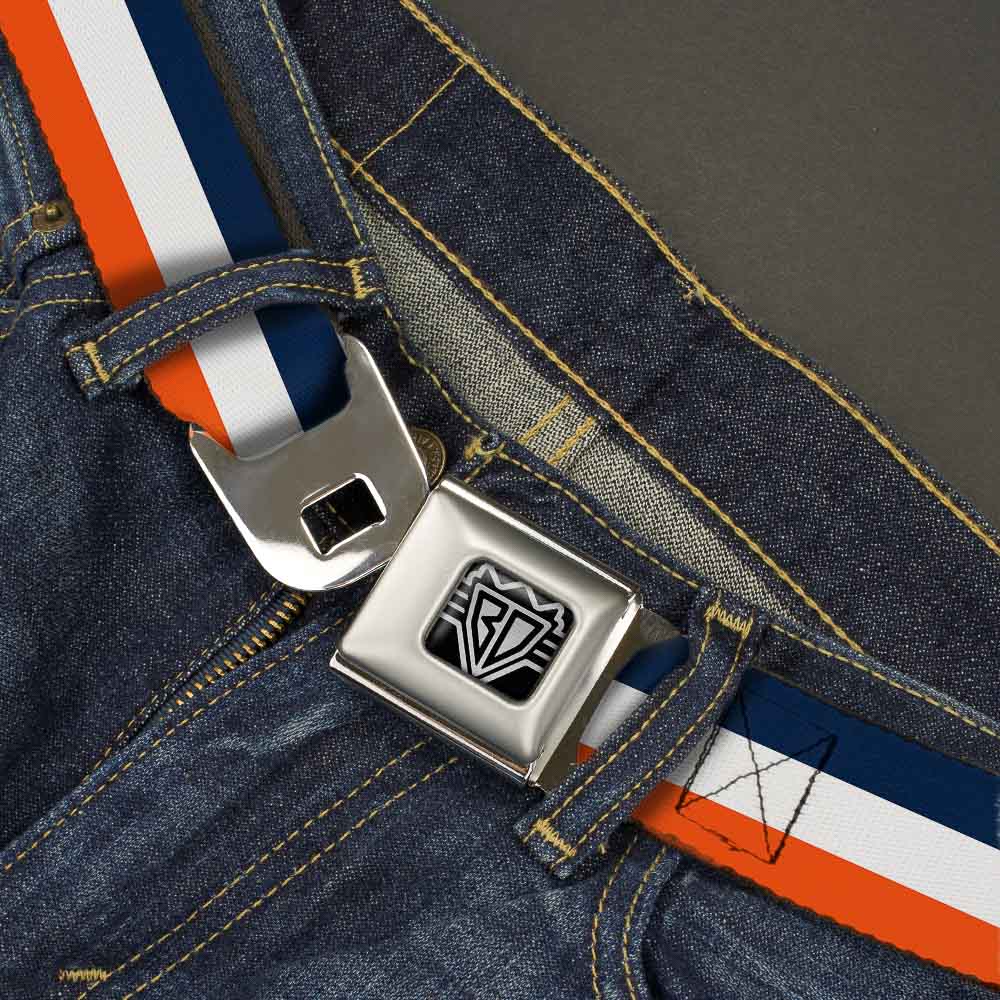 BD Wings Logo CLOSE-UP Full Color Black Silver Seatbelt Belt - Stripe Navy/White/Orange Webbing