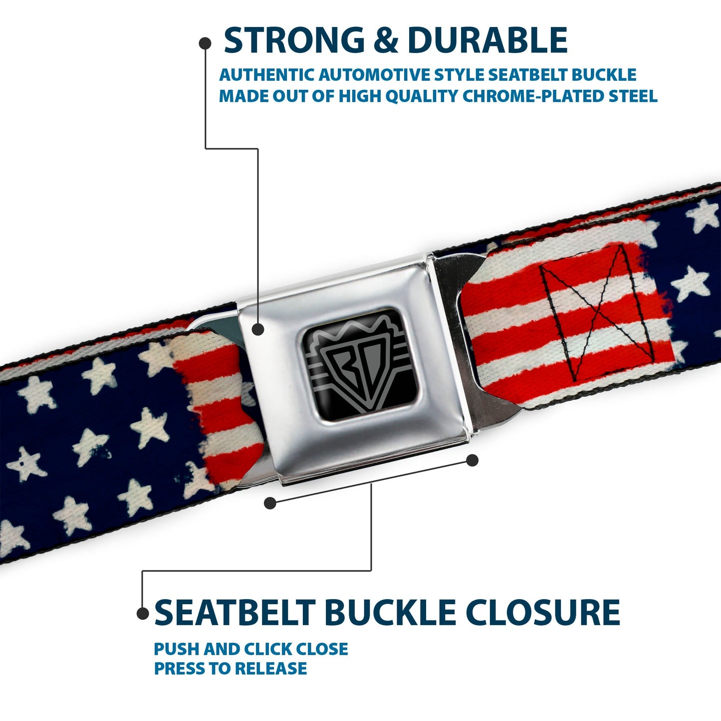 BD Wings Logo CLOSE-UP Full Color Black Silver Seatbelt Belt - Stars & Stripes Painting Webbing
