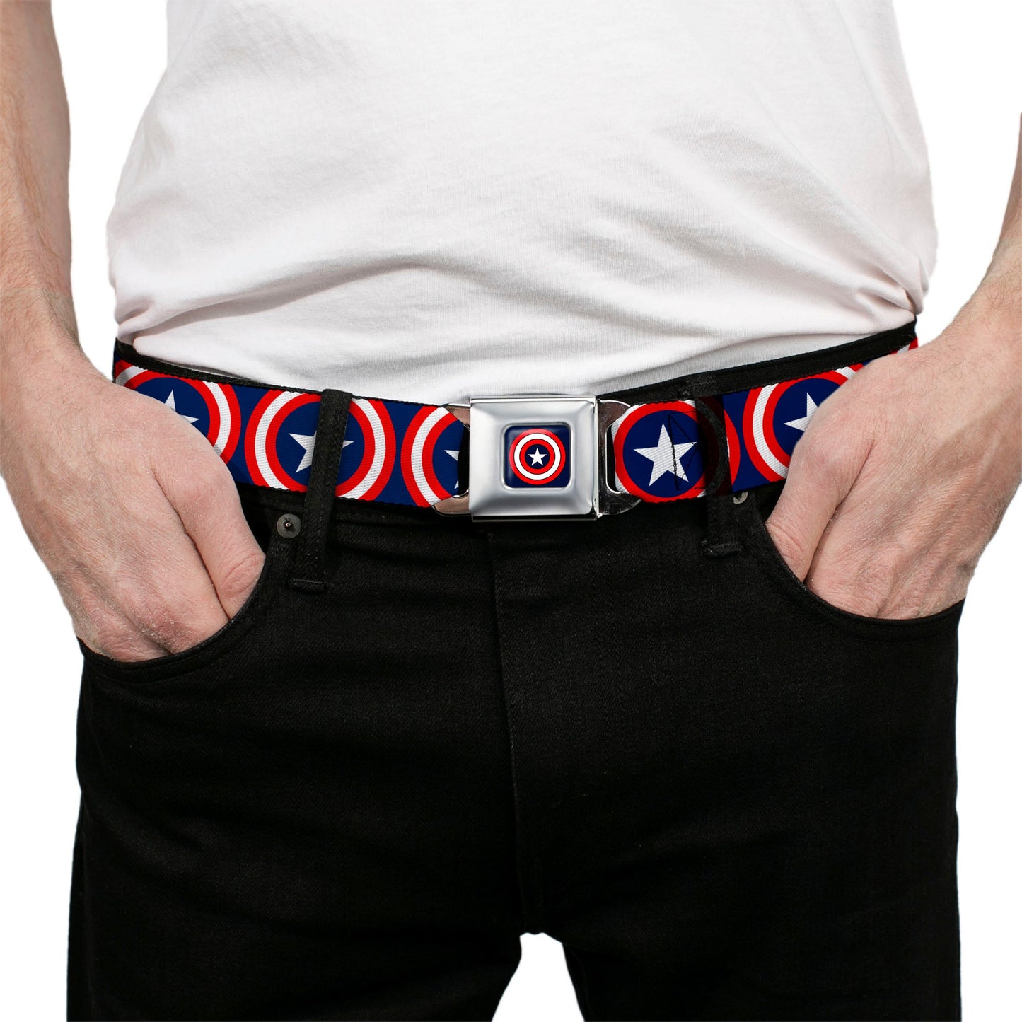 Captain America Shield Full Color Navy Seatbelt Belt - Captain America Shield Repeat Navy Webbing