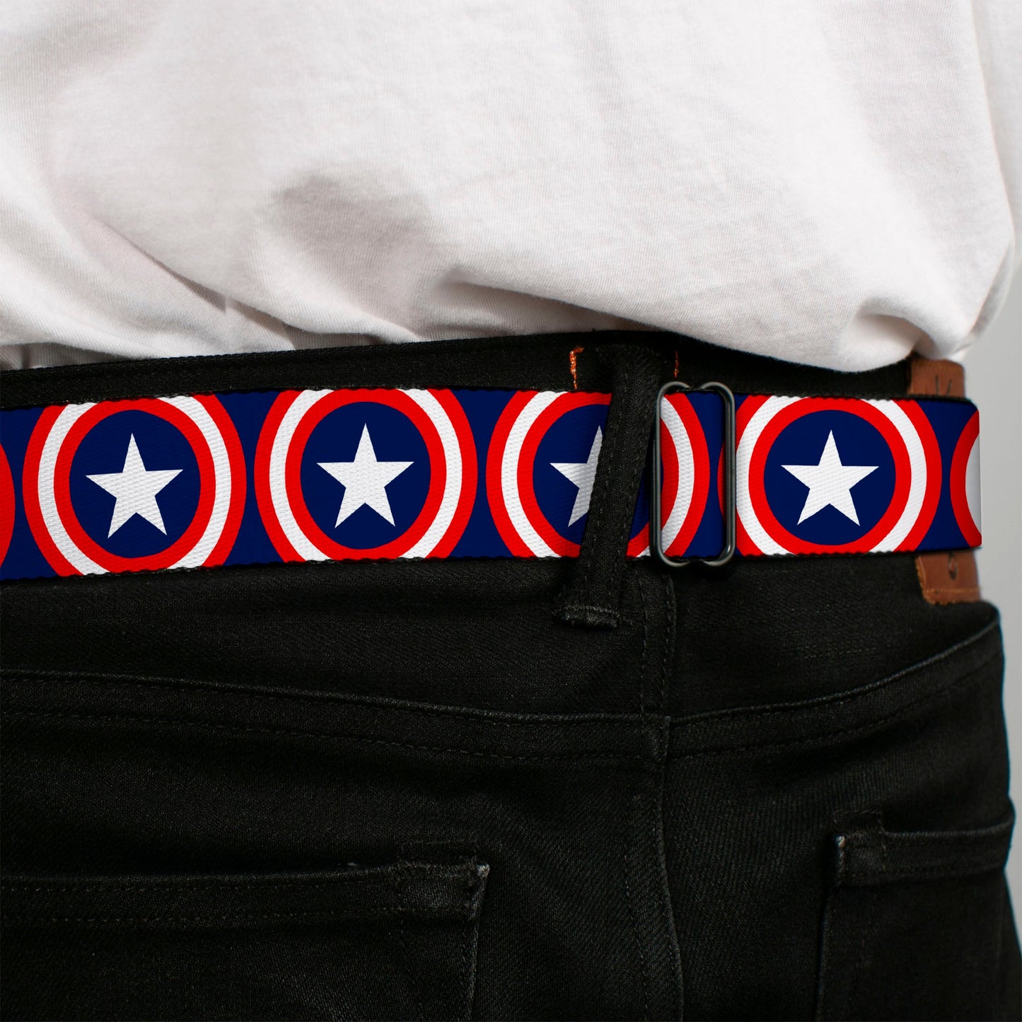 Captain America Shield Full Color Navy Seatbelt Belt - Captain America Shield Repeat Navy Webbing