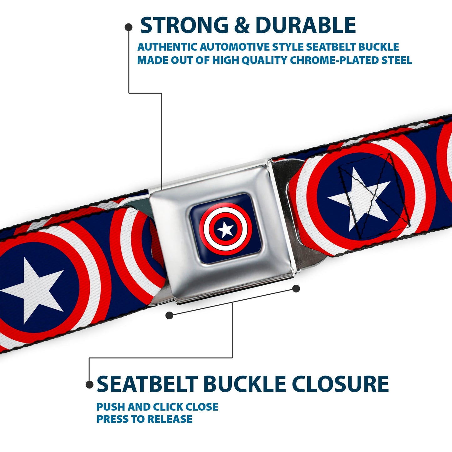 Captain America Shield Full Color Navy Seatbelt Belt - Captain America Shield Repeat Navy Webbing