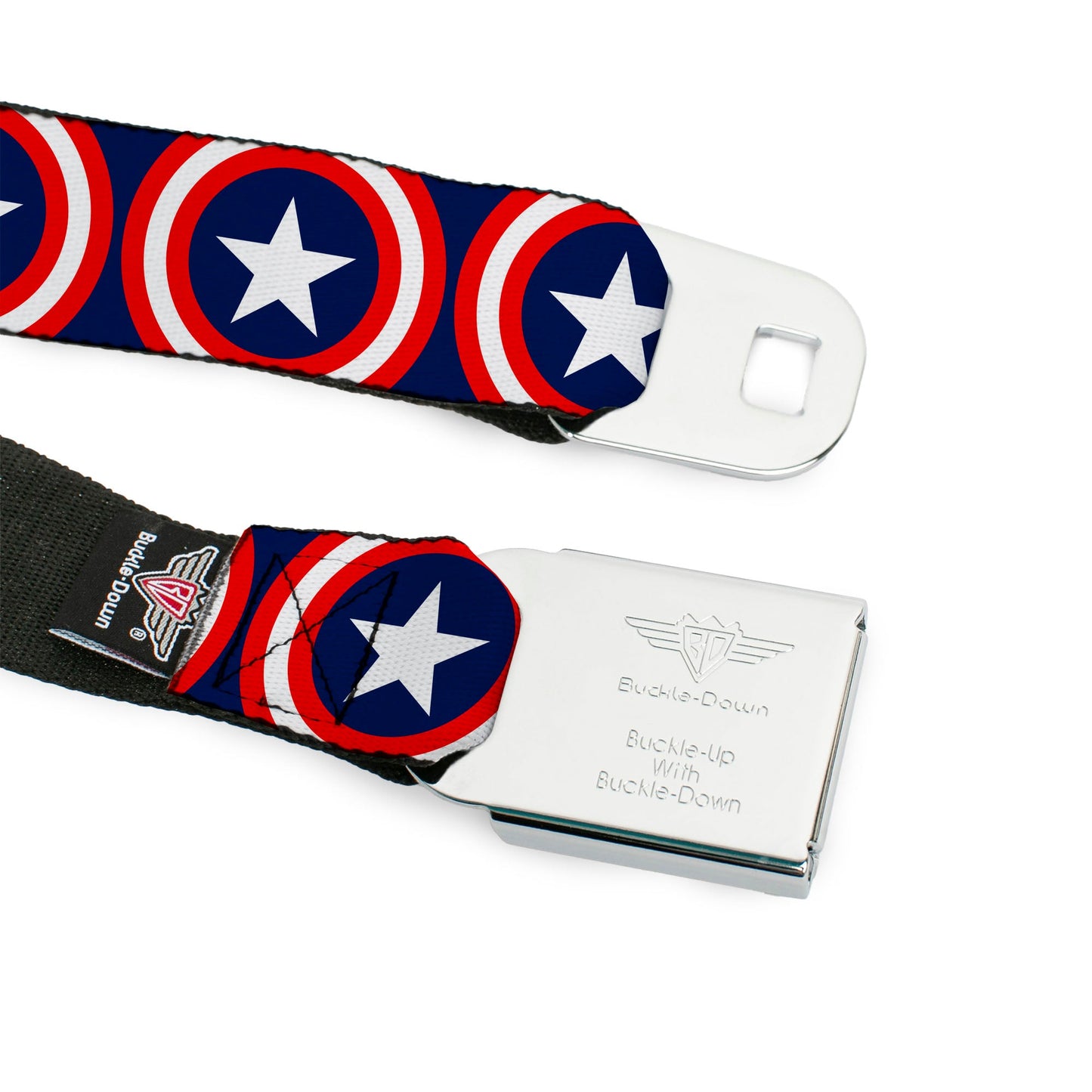 Captain America Shield Full Color Navy Seatbelt Belt - Captain America Shield Repeat Navy Webbing