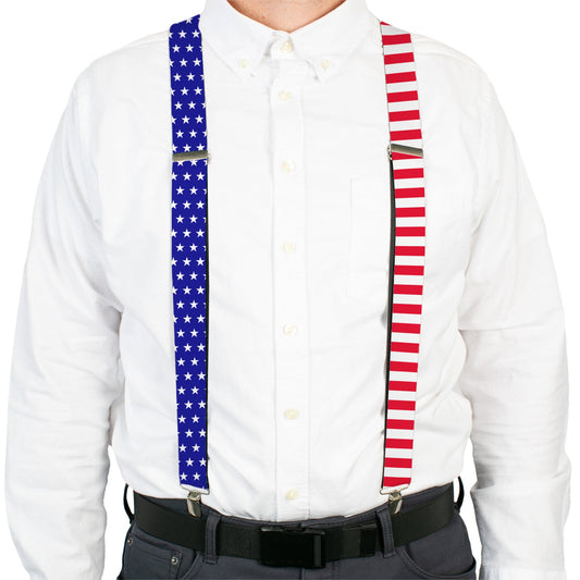 Suspenders - United States Flag Split Stars Blue/White + Stripes Red/White