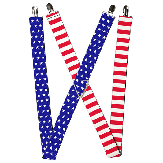 Suspenders - United States Flag Split Stars Blue/White + Stripes Red/White