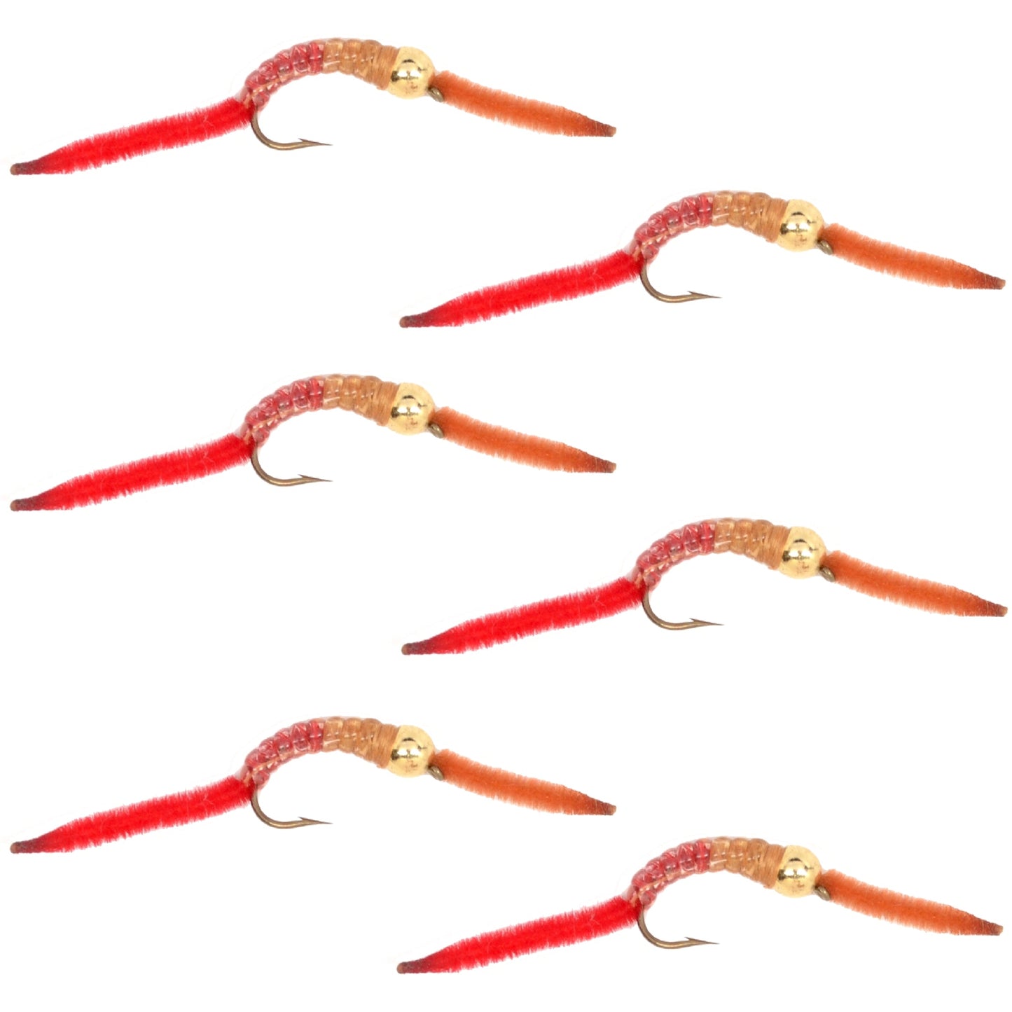 San Juan Worm Gold Bead Power Worm  Half and Half - Set of 6 Nymph Flies Hook Size 10