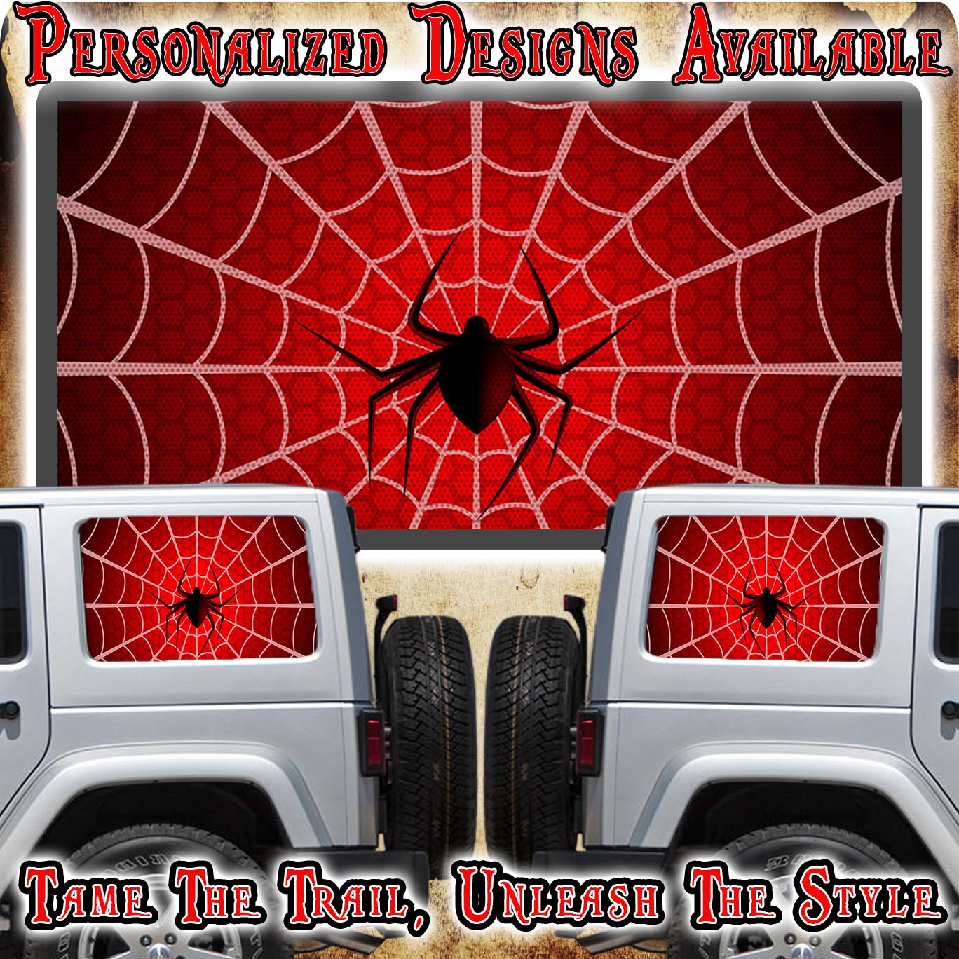 Spider web print Rear quarter window see through graphic.