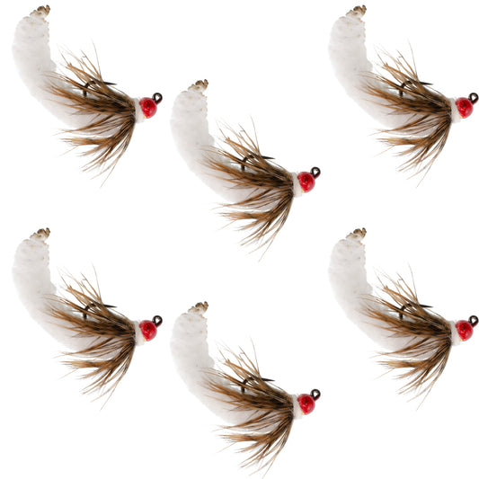 Tungsten Bead White Mop Fly Tactical Jig Czech Euro Nymph Barbless - 6 Flies Size 14