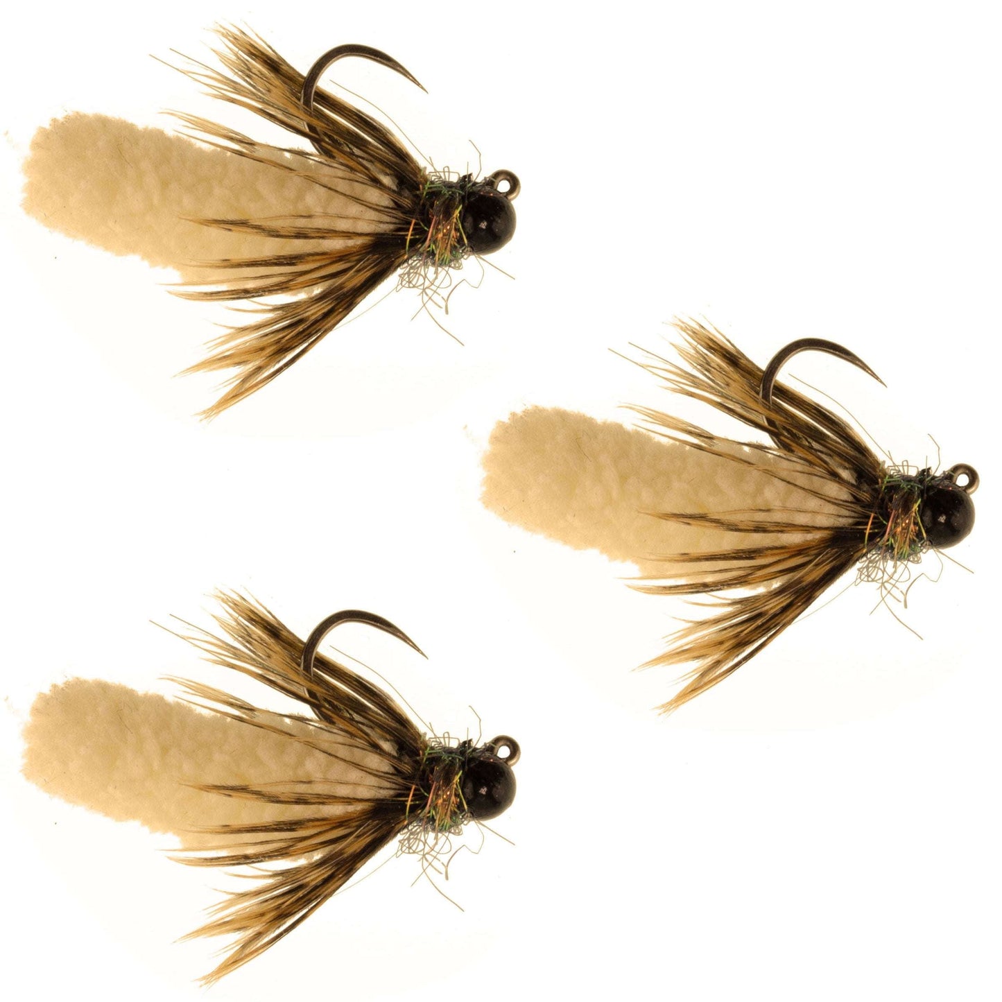 3 Pack Tungsten Bead Tan Mop Fly Tactical Jig Czech Euro Nymph Barbless Fly - Size 14