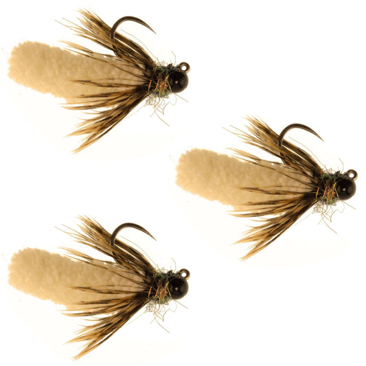 3 Pack Tungsten Bead Tan Mop Fly Tactical Jig Czech Euro Nymph Barbless Fly - Size 14