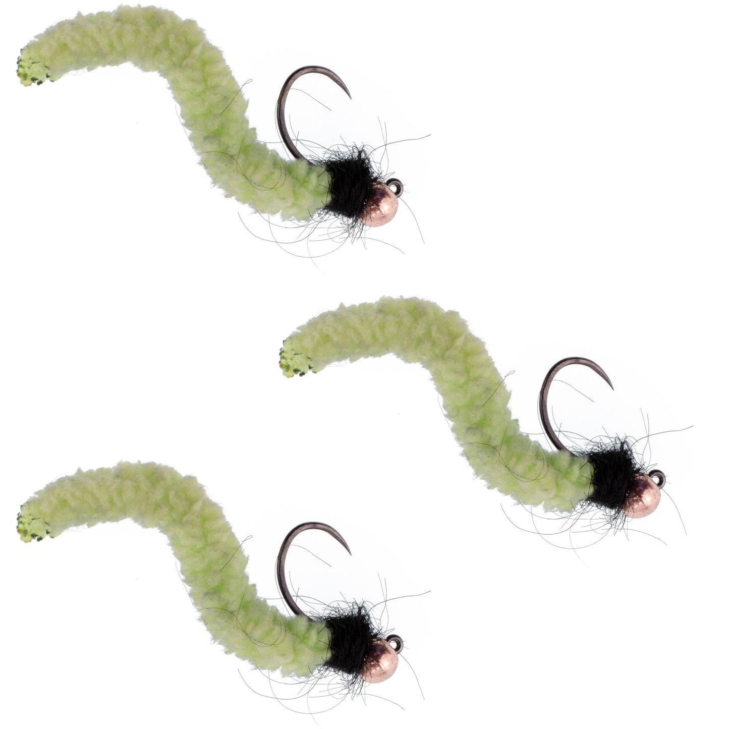 3 Pack Tungsten Bead Chartreuse Wormy Mop Fly Tactical Jig Czech Euro Nymph Barbless - Size 12