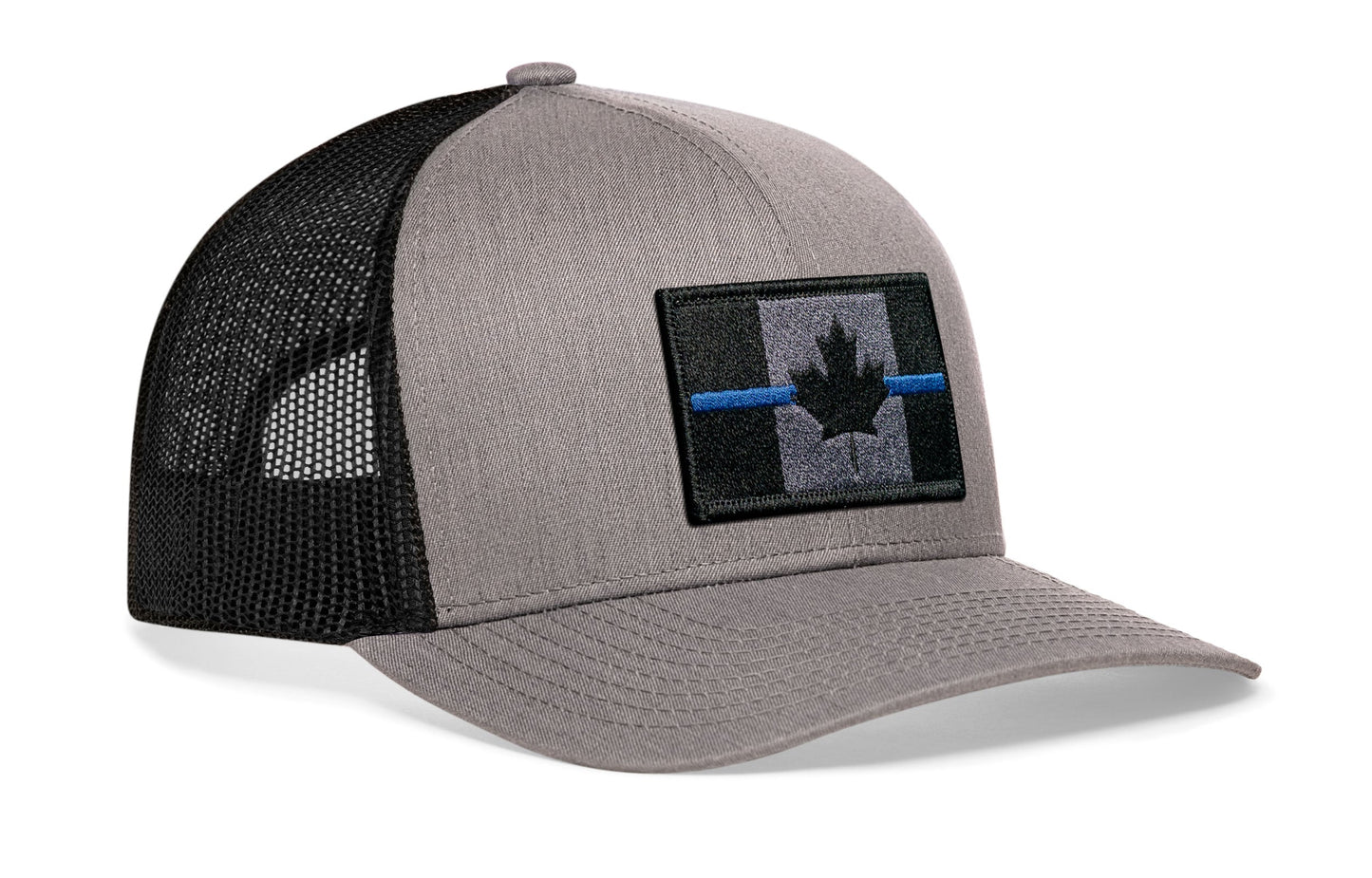 Thin Blue Line Trucker Hat  |  Gray-Black Canadian Maple Leaf Tactical Snapback