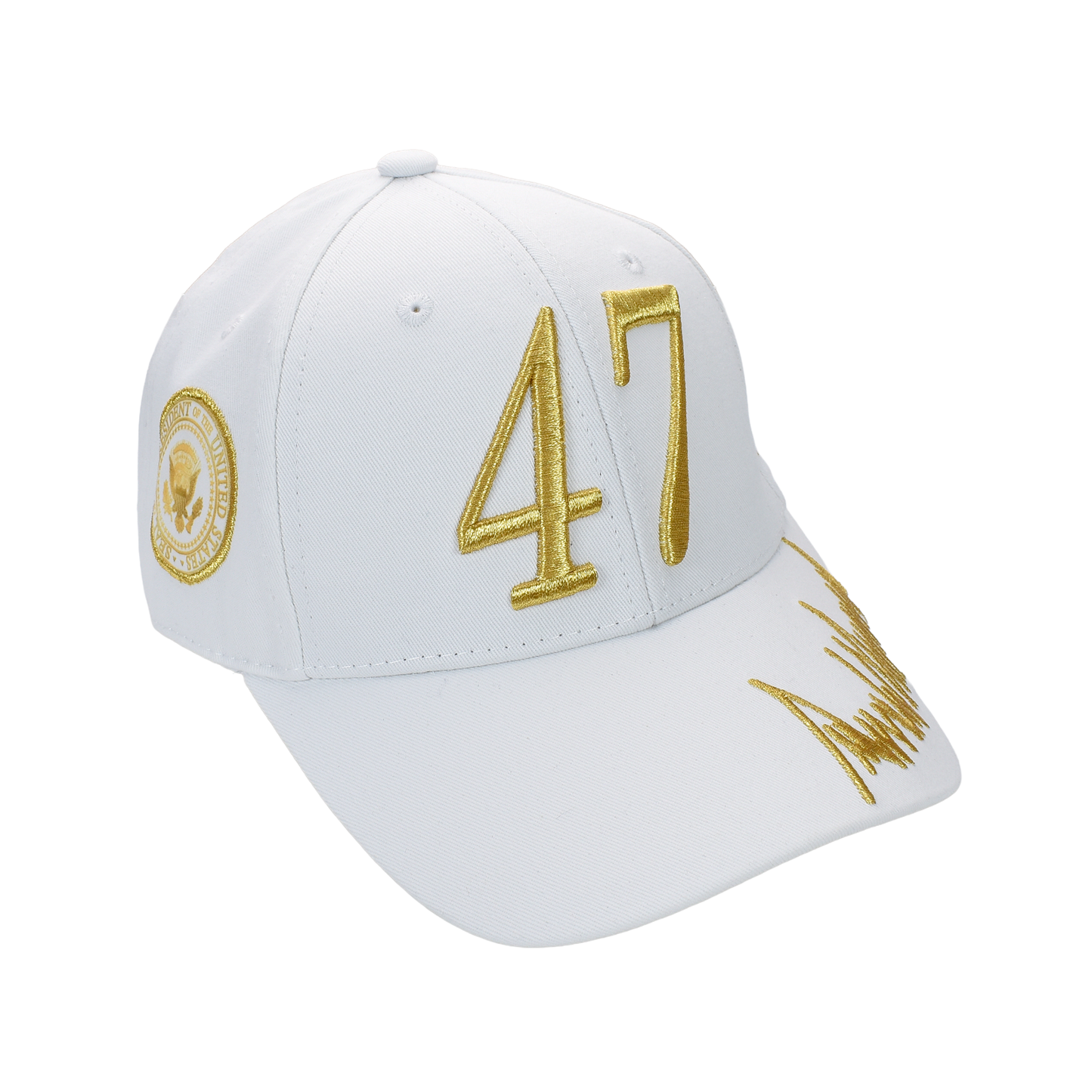 Trump 47 White Cap with Gold Embroidery – Hook & Loop Adjustable Patriotic Hat