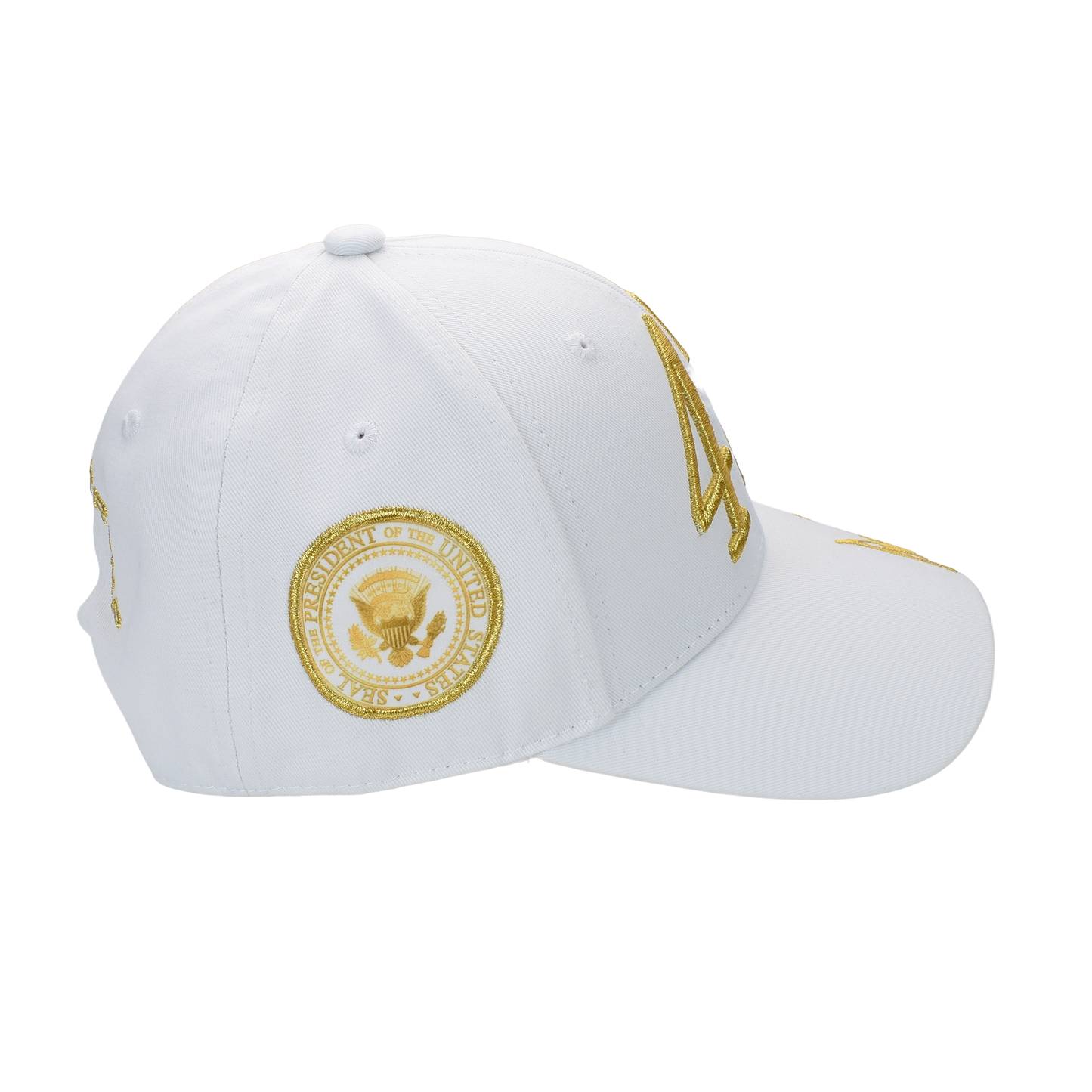 Trump 47 White Cap with Gold Embroidery – Hook & Loop Adjustable Patriotic Hat