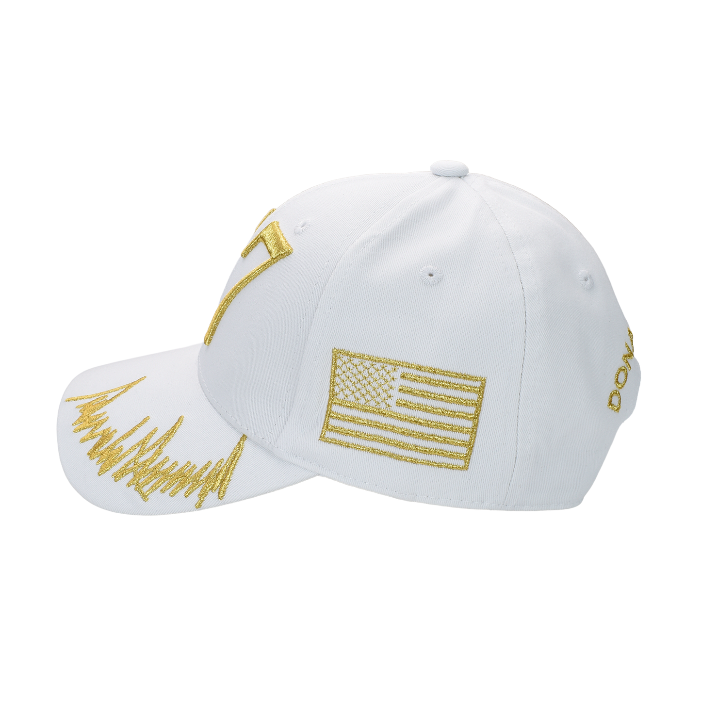 Trump 47 White Cap with Gold Embroidery – Hook & Loop Adjustable Patriotic Hat