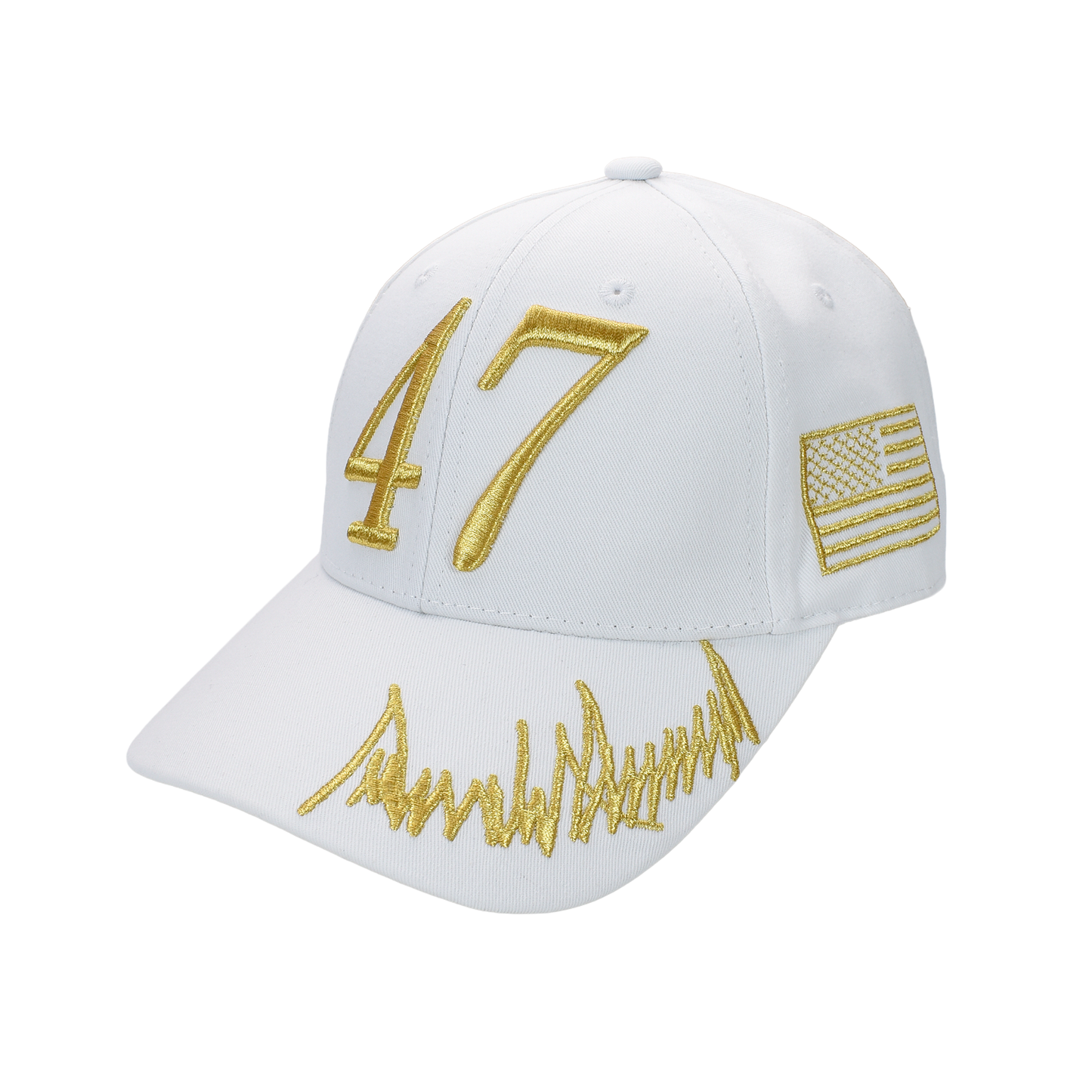 Trump 47 White Cap with Gold Embroidery – Hook & Loop Adjustable Patriotic Hat