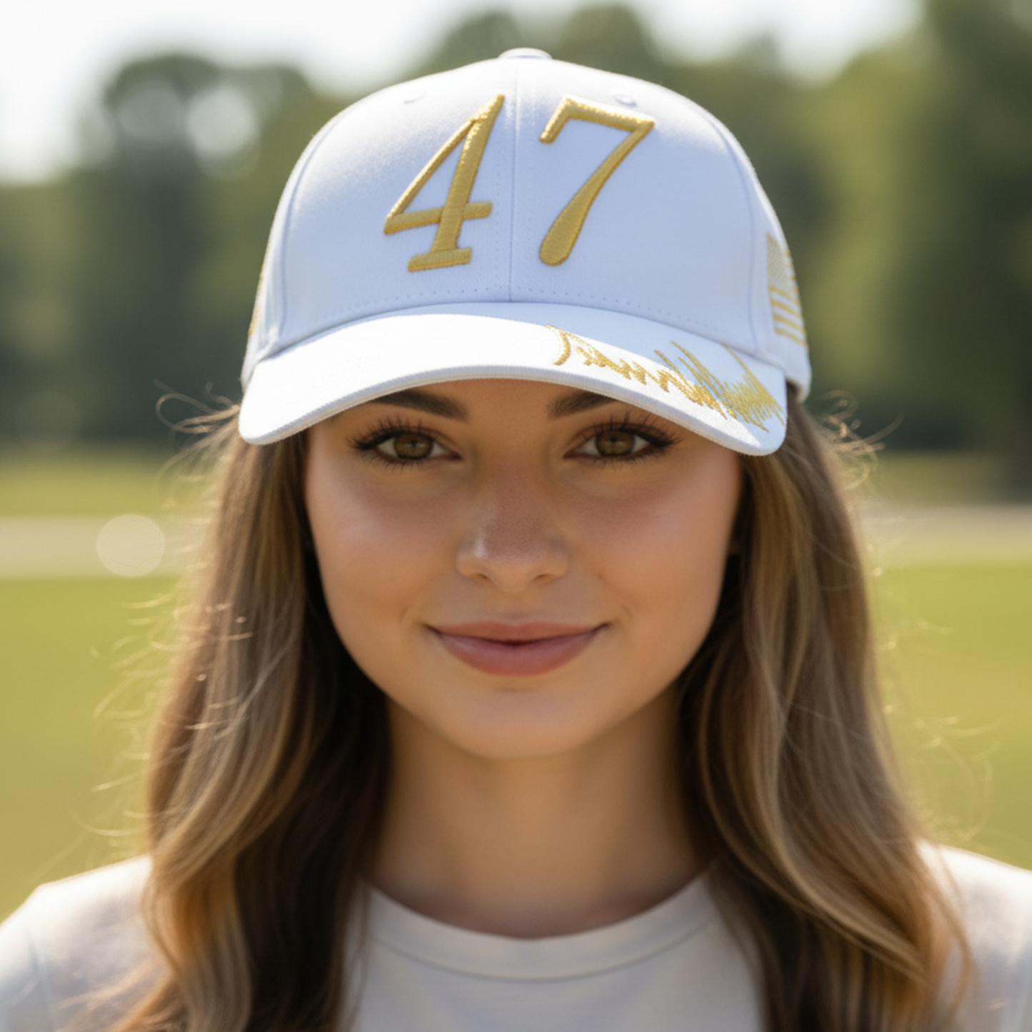 Trump 47 White Cap with Gold Embroidery – Hook & Loop Adjustable Patriotic Hat