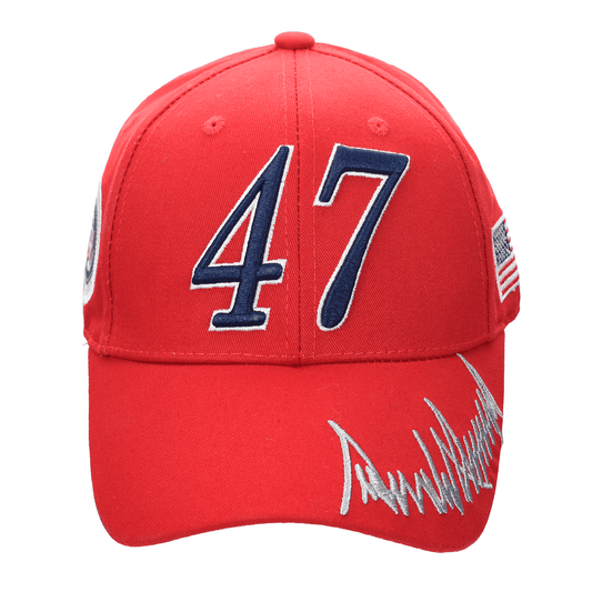 Trump 47 Cap – Red Cotton Twill Embroidered MAGA Hat with Presidential Seal, USA Flag & Signature