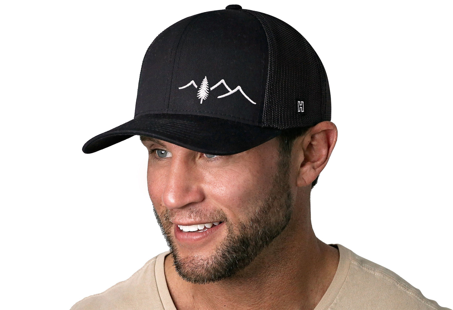 Pine Tree with Mountains Trucker Hat  |  Black Outdoors Snapback