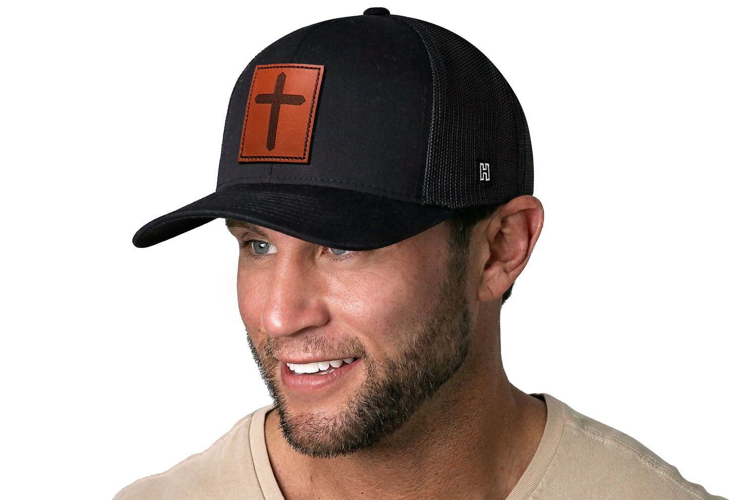 Cross Trucker Hat Rectangle Leather  |  Black cross Snapback