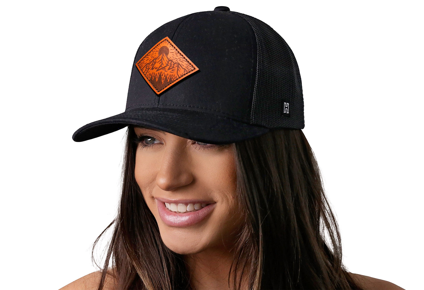 Diamond Mountain and Trees Trucker Hat Leather  |  Black Outdoors Snapback