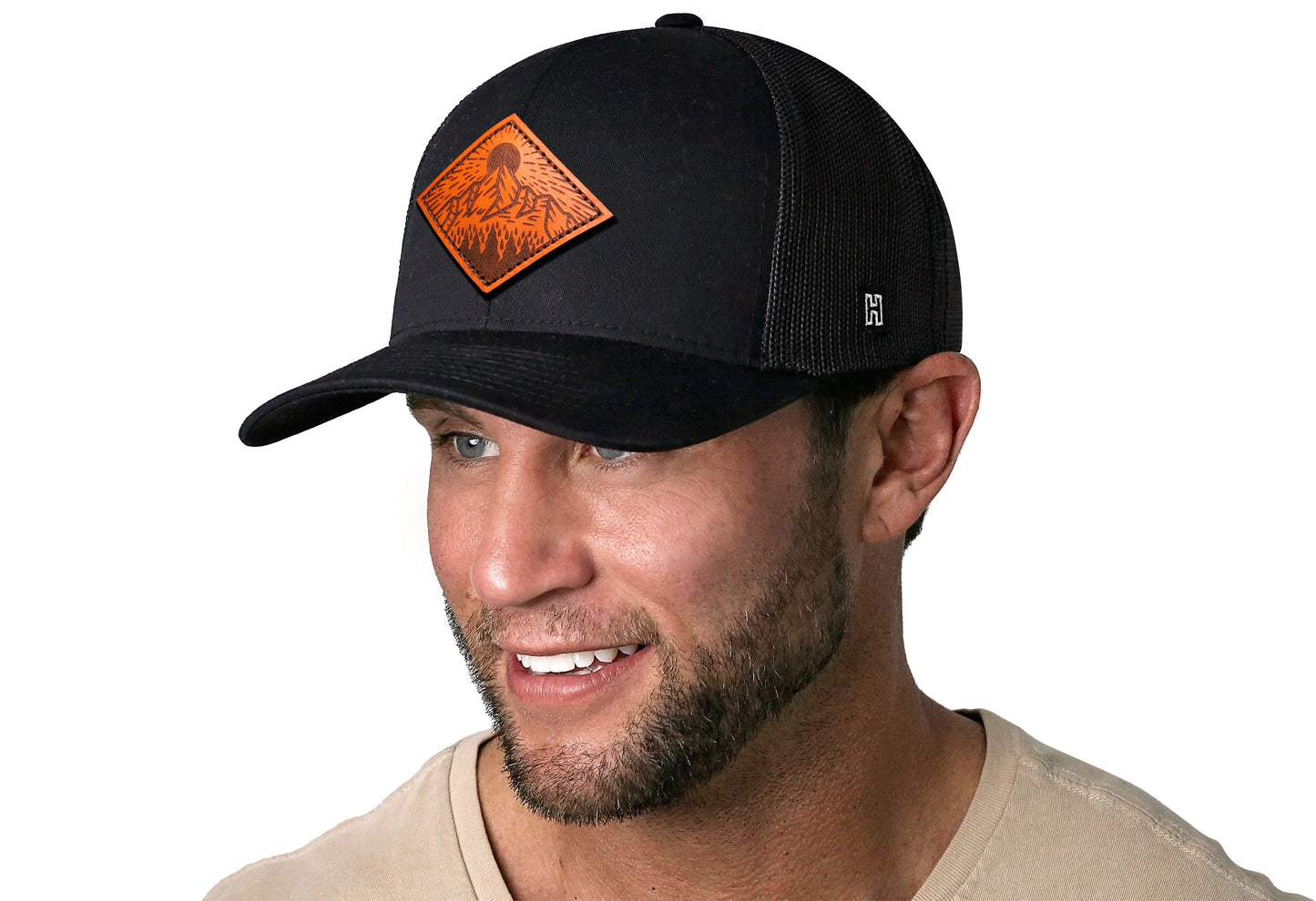 Diamond Mountain and Trees Trucker Hat Leather  |  Black Outdoors Snapback