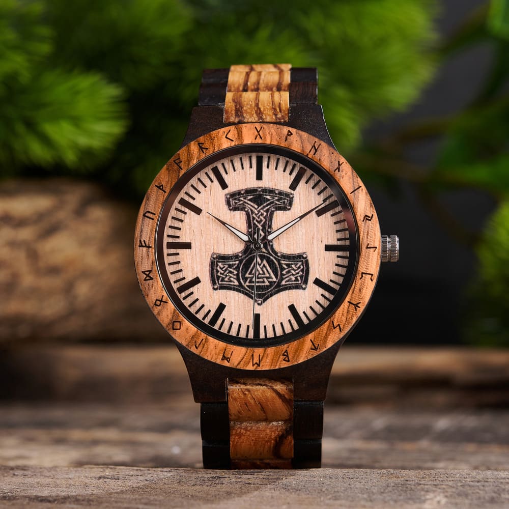 Personalized Thor's Hammer Mjölnir Handmade Wooden Watch