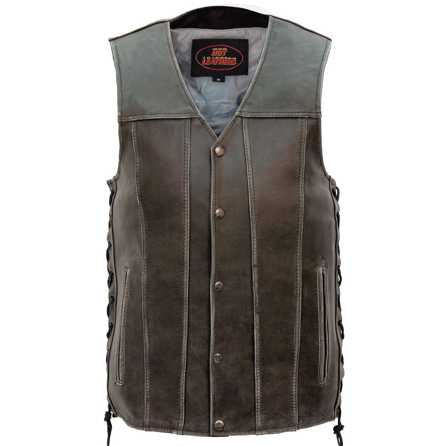 Hot Leathers VSM1041 Men's Motorcycle style Rub-Off Grey 'Side Lace' Leather Biker Vest