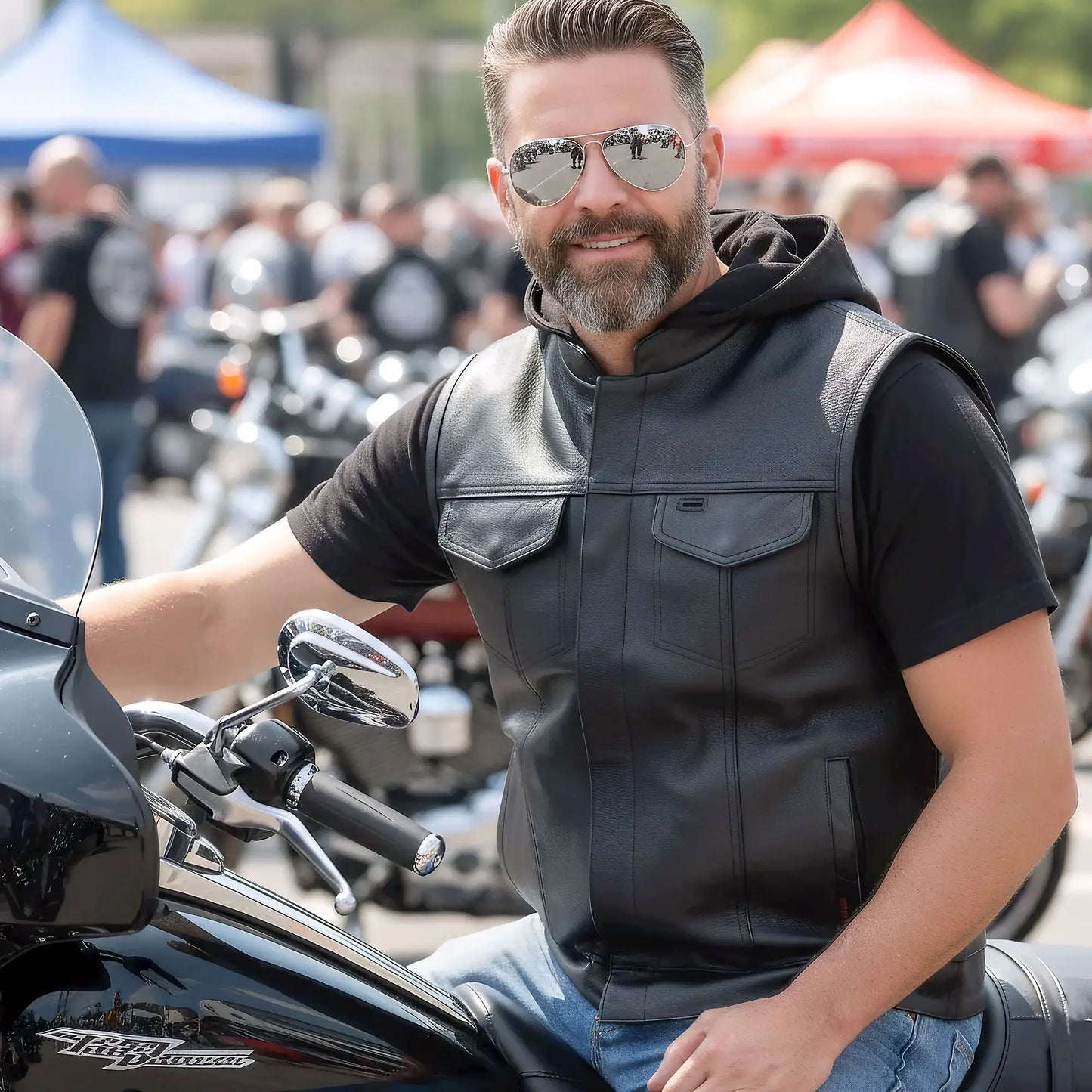 Hot Leathers Leather Motorcycle Biker Club Vest with Hood