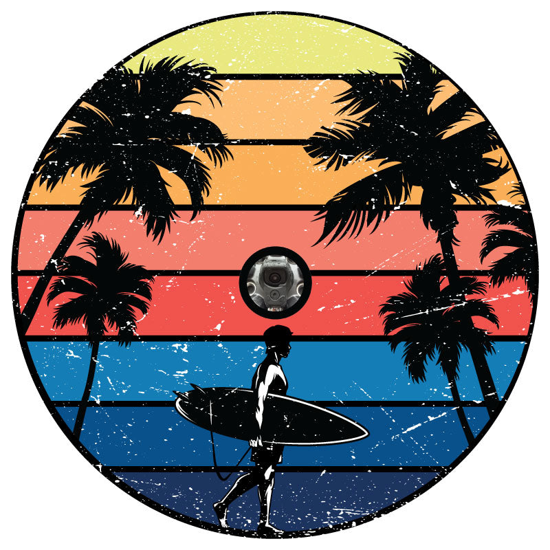 Vintage Surfer & Palm Trees Spare Tire Cover for Jeep, RV, Bronco & More