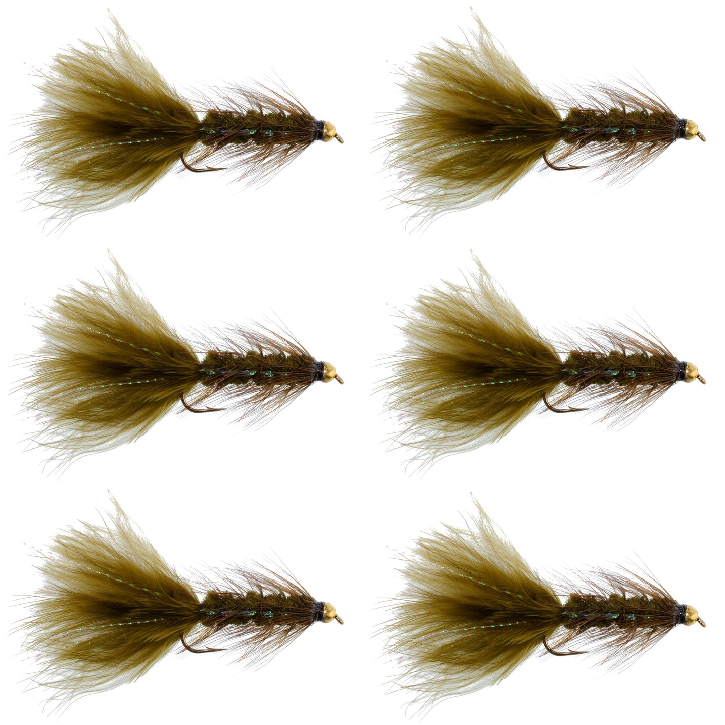 Dark Olive Bead Head Crystal Woolly Bugger Classic Streamer Flies - Set of 6 Trout Fly Fishing Flies - Hook Size 8
