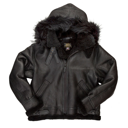 All Black B-3 Hooded Sheepskin Bomber Jacket Z203615B
