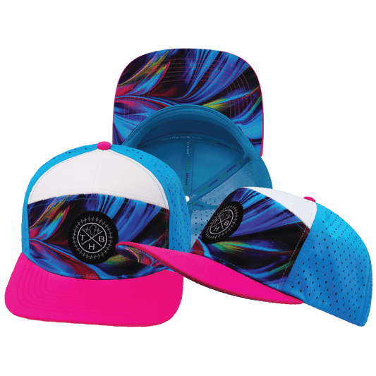 **ADULT** Color Vibes Hat - Flat Bill - Feather Glow - Neon Pink / White / Neon Blue - Laser Mesh