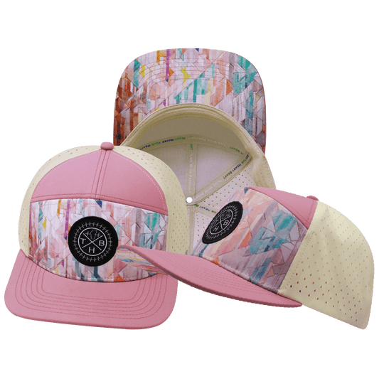 **ADULT** Color Vibes Hat - Flat Bill - Geo Mosaic - Pink Peach / Cream - Laser Mesh
