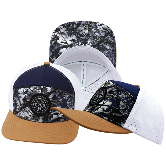 **ADULT** Color Vibes Hat - Flat Bill - Evening Leaves - Light Tan / Navy / White - Laser Mesh
