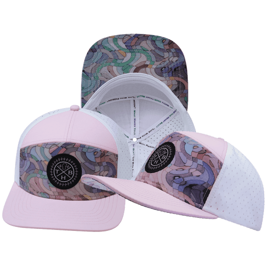 **ADULT** Color Vibes Hat - Flat Bill - Mosaic Curves - Light Pink / White - Laser Mesh