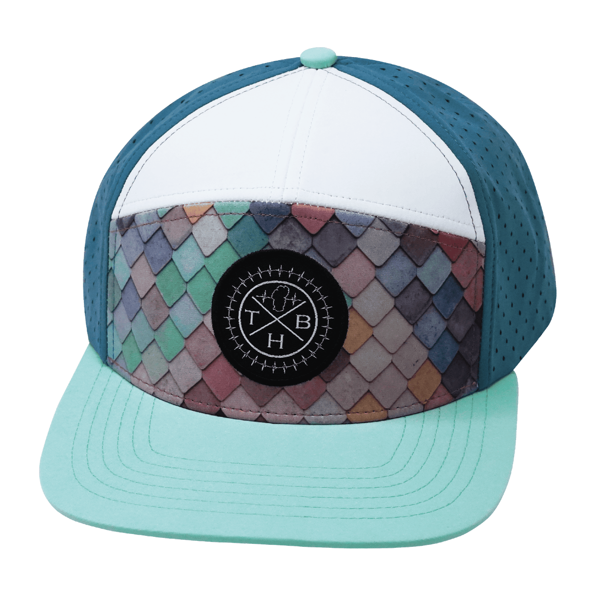 Color Vibes Hat - Flat Bill - Mosaic Scales - Mint / White / Slate Blue - Laser Mesh