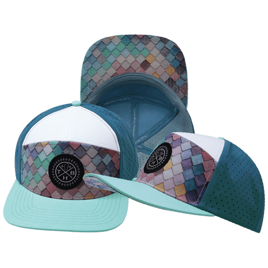 **ADULT** Color Vibes Hat - Flat Bill - Mosaic Scales - Mint / White / Slate Blue - Laser Mesh