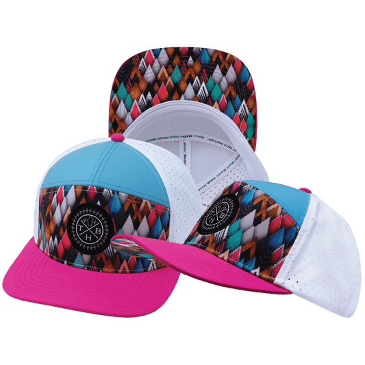 **ADULT** Color Vibes Hat - Flat Bill - Neon Peaks - Neon Pink / Neon Green Blue / White - Laser Mesh