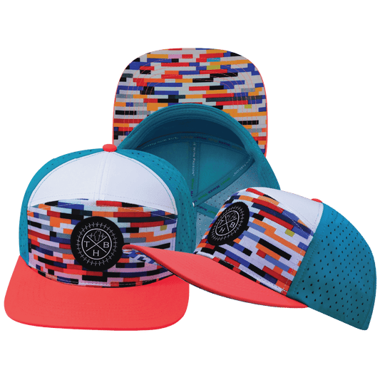 **ADULT** Color Vibes Hat - Flat Bill - Party Blocks - Neon Peach / White / Neon Blue - Laser Mesh
