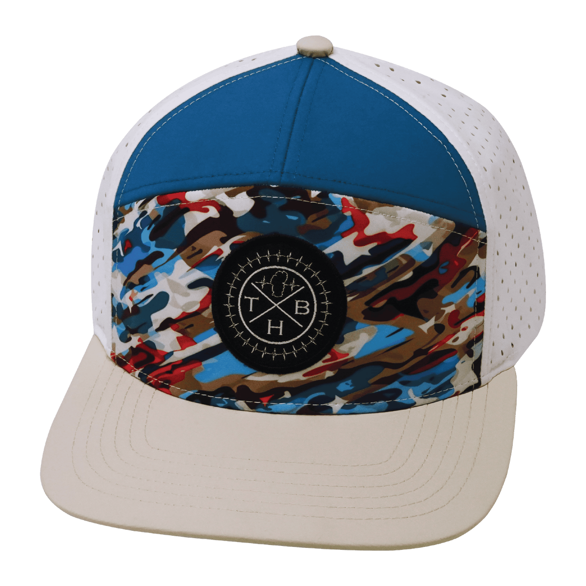 Color Vibes Hat - Flat Bill - Party Camo - Cream / Blue / White - Laser Mesh