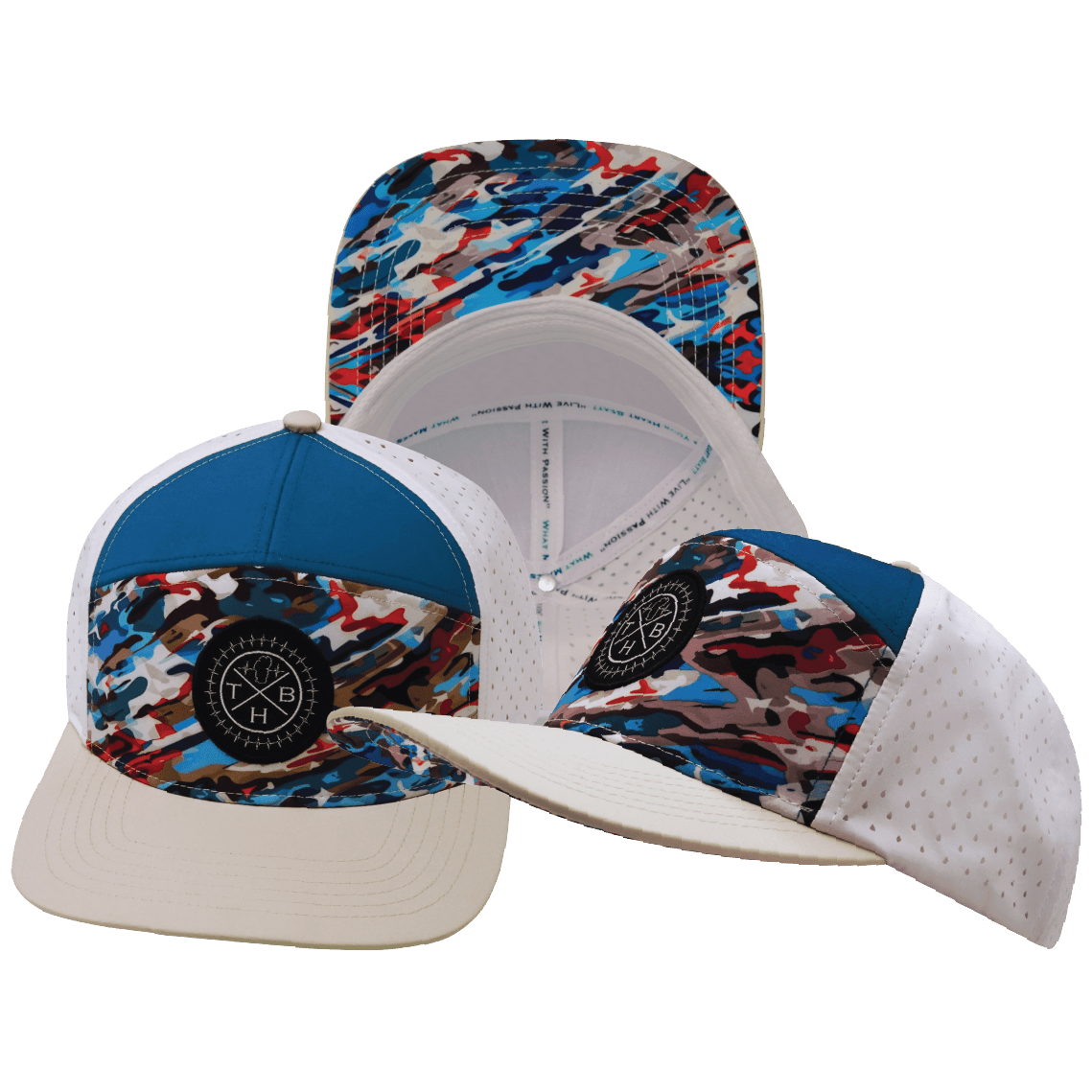Color Vibes Hat - Flat Bill - Party Camo - Cream / Blue / White - Laser Mesh